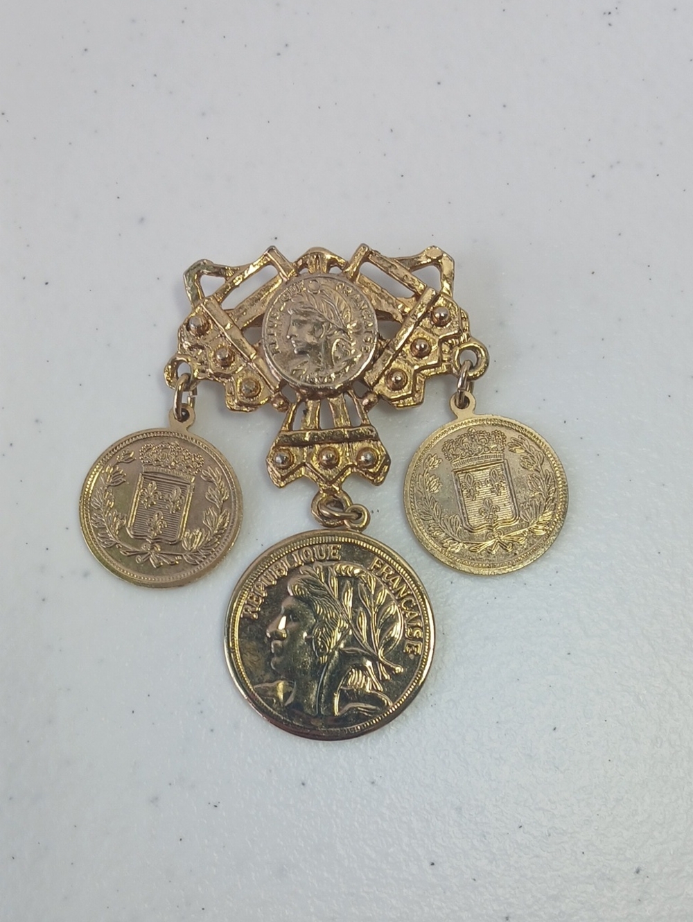 Vintage Brooch Dangling French Heraldic Coins With The Celebrated Marianne